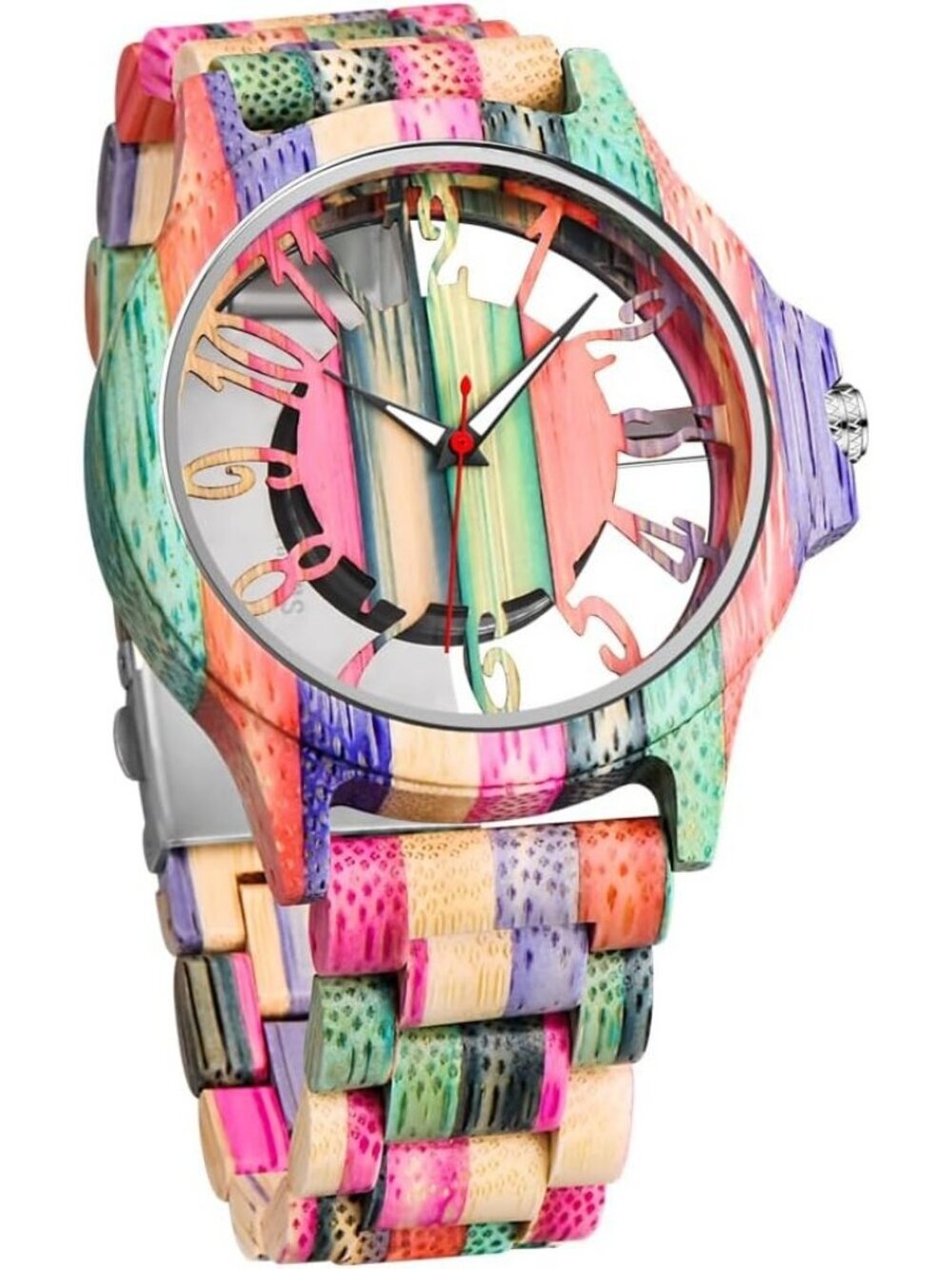 Men's Multicolor Analog Quartz Handmade Colorful Bamboo Engraved Wooden Watch